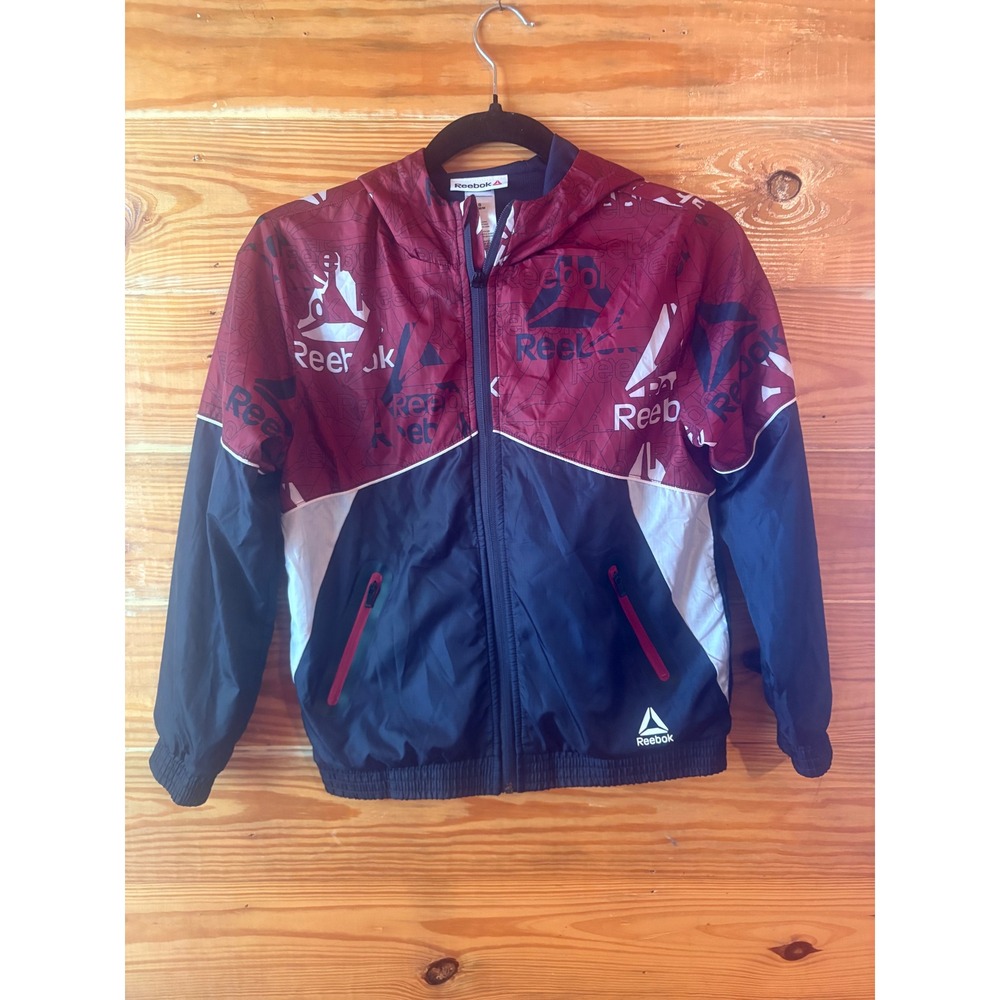 Reebok Boys Navy Maroon Logo Print Hooded Windbreaker Jacket Size 8 M REB233JK02